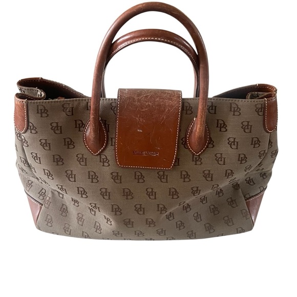 Dooney & Bourke Shoulder Bag Purse Brown Tan Logo Leather - Picture 1 of 7